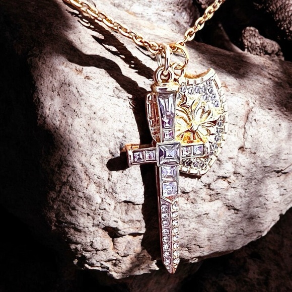Sparkling Gold Toned Cross Sword Necklace with Shield DND Paladin - Picture 13 of 17